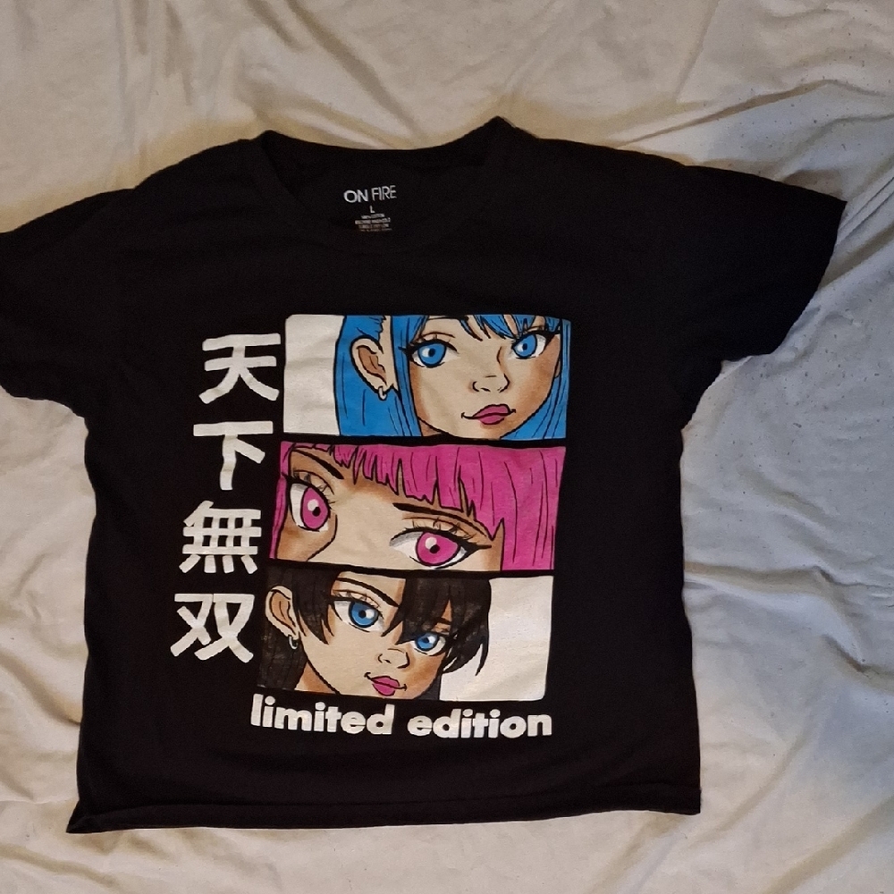 On Fire Kids Black Tee with Anime Graphics